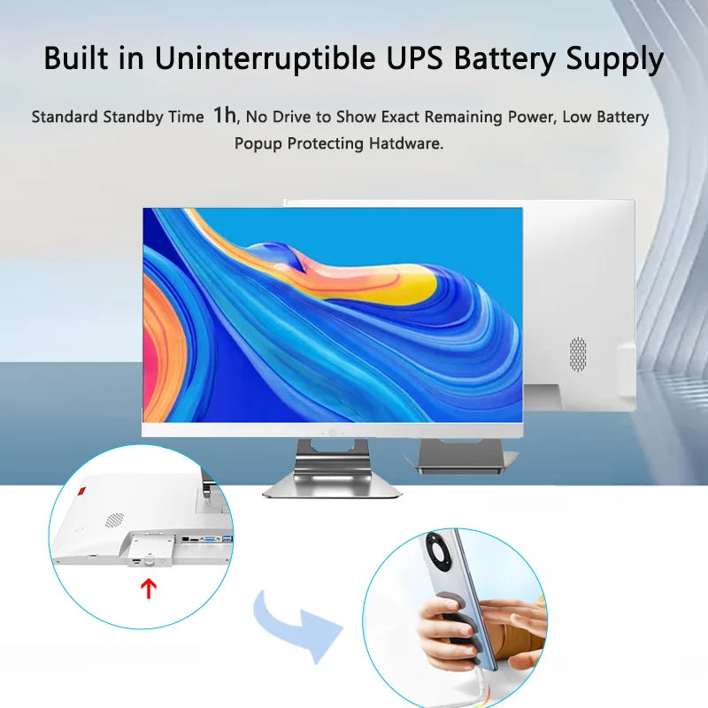 Computer monitor with vibrant display. Text highlights built-in UPS battery with 1-hour standby. Includes close-ups of rear panel input and a person holding a smartphone.