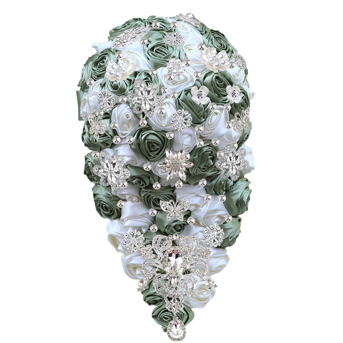 Elegant bouquet of green and white satin roses, adorned with sparkling silver rhinestone brooches and pearls in a teardrop shape, creating a luxurious appearance.