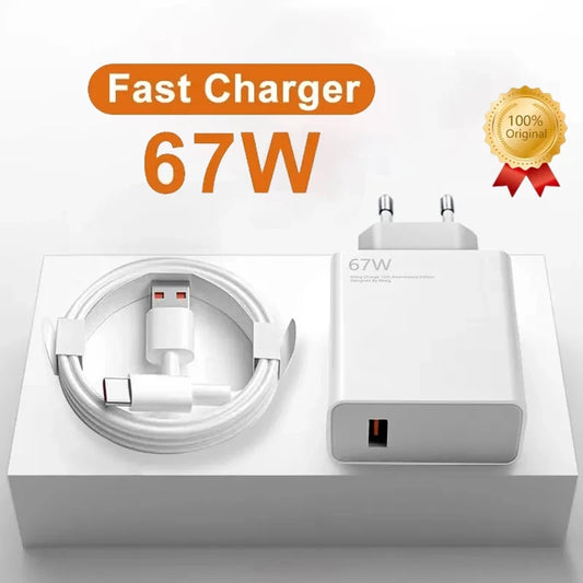 67W fast charger with USB-C cable, labeled "100% Original." The charger and cable are displayed on a white surface, with an orange text highlighting fast charging.