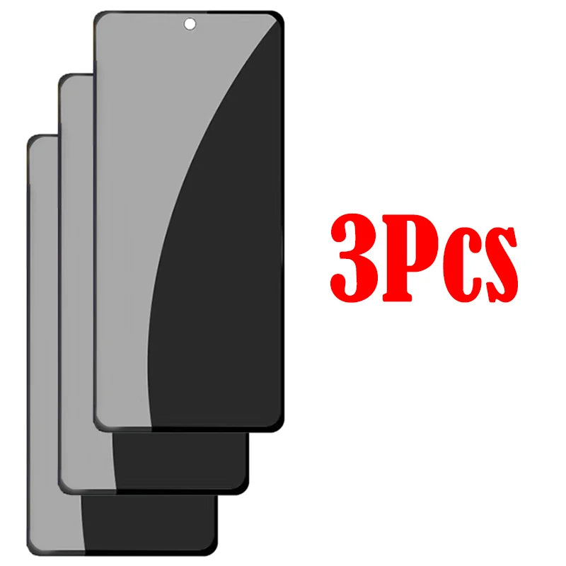 Three stacked smartphone screen protectors with a camera hole cutout and glare effect are displayed on the left. "3Pcs" is written in bold red text on the right.