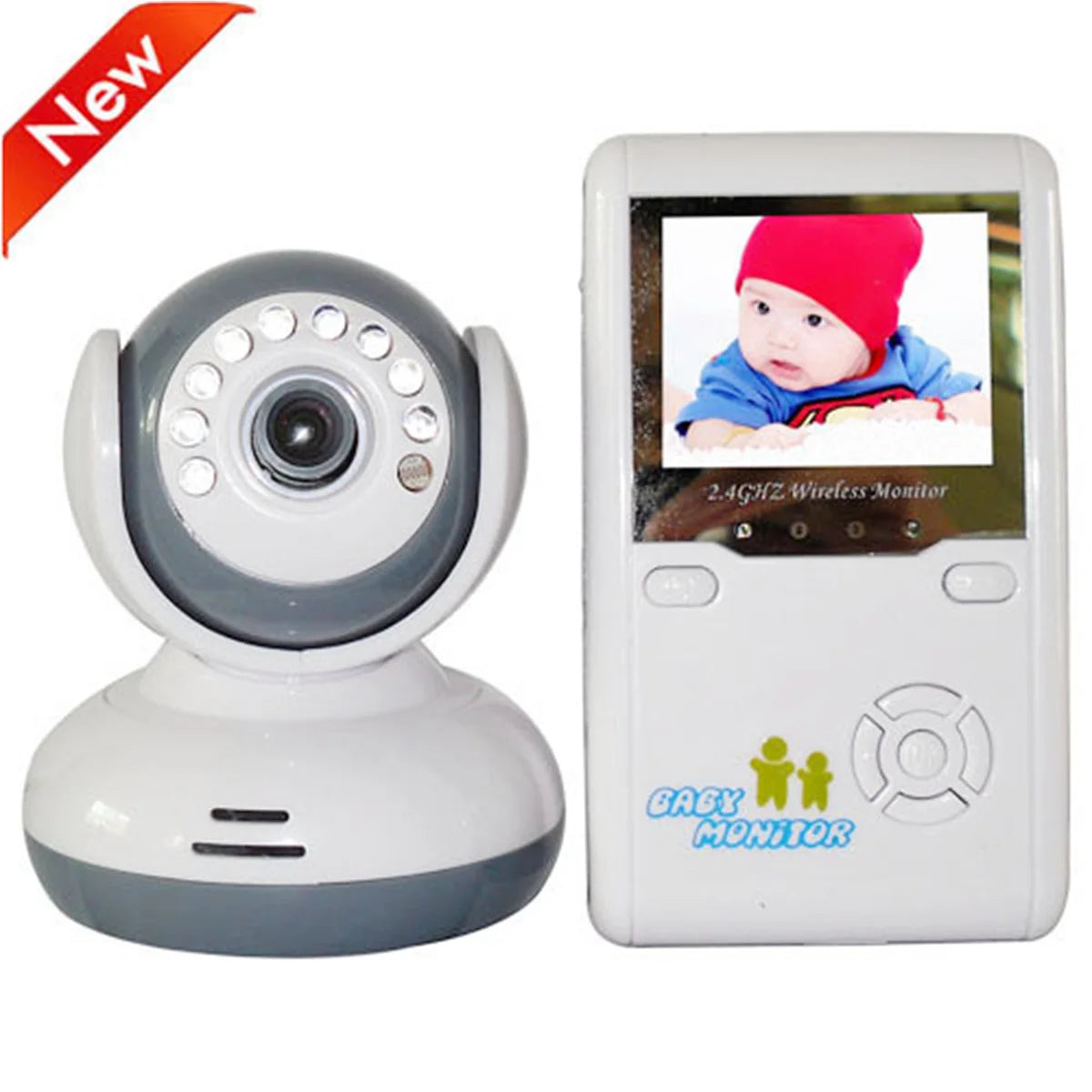 Wireless baby monitor with camera on the left and receiver on the right, featuring a screen showing a baby in a red hat. The monitor is labeled "2.4GHz Wireless Monitor."