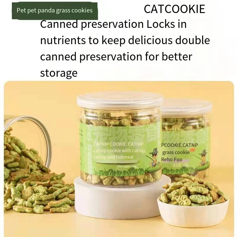 Two jars of catnip cookies with green labels are displayed, one open with cookies spilling out, and a bowl filled with cookies. Text emphasizes preservation and nutrients.