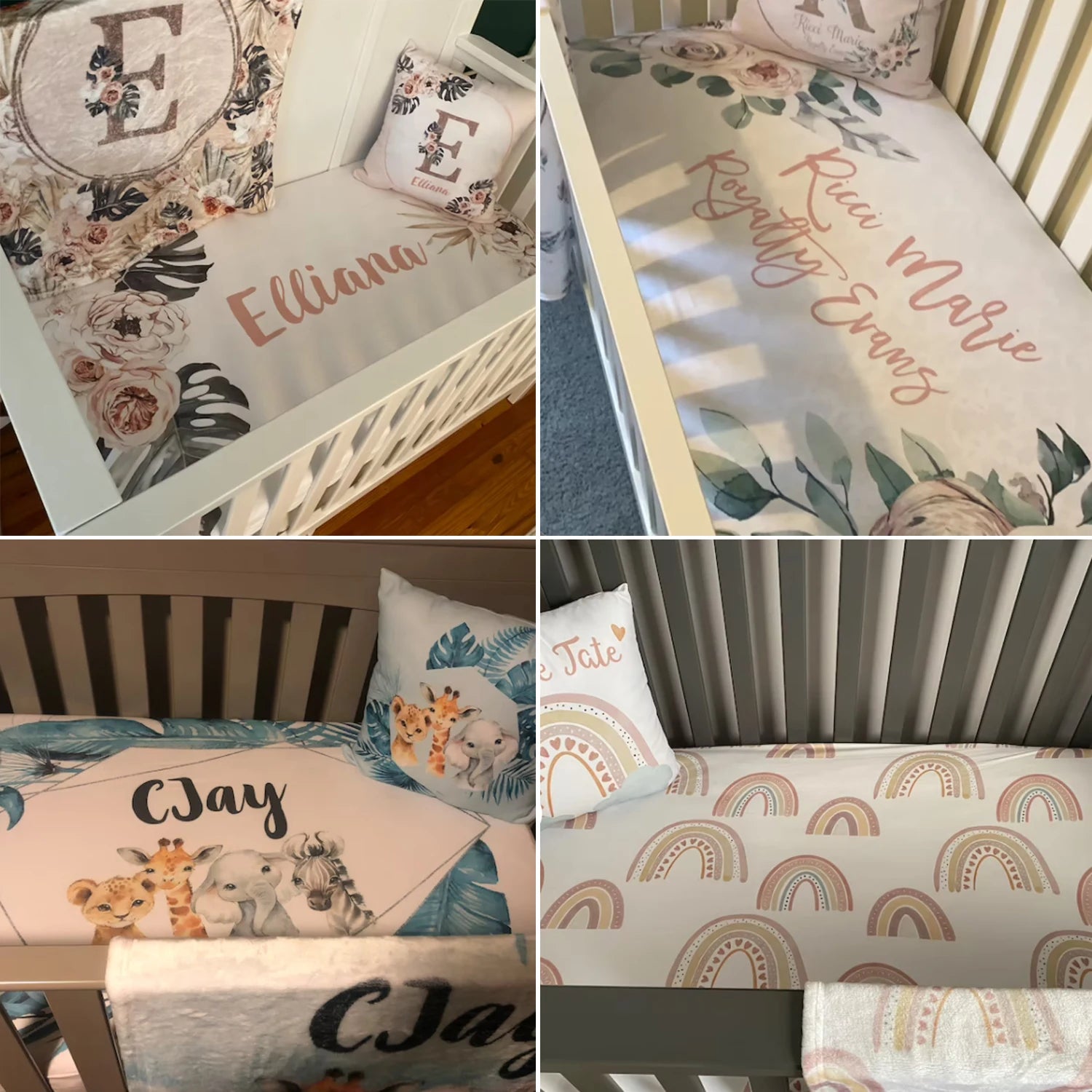 Collage of four cribs with personalized bedding. Each crib has themed sheets and pillows with names: Elliana with floral, Ricci Marie with floral, CJay with animals, and Tate with rainbows.