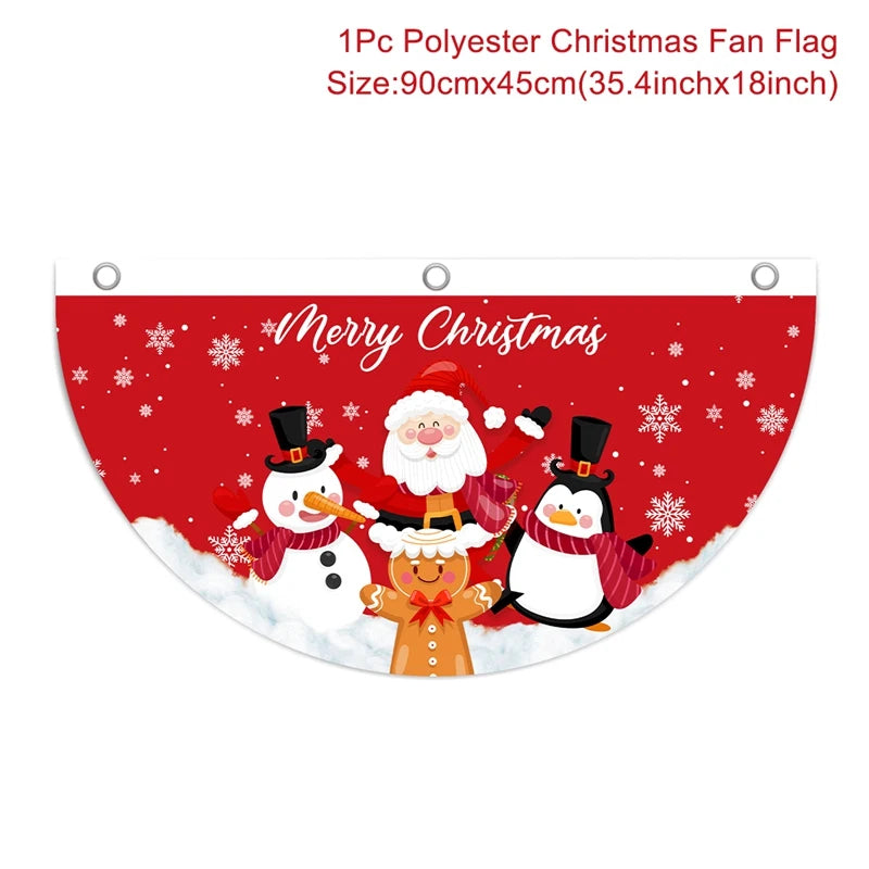 Red half-circle Christmas flag featuring Santa, snowman, penguin, and gingerbread figure in hats and scarves, with "Merry Christmas" text and snowflakes. Size: 90x45cm.
