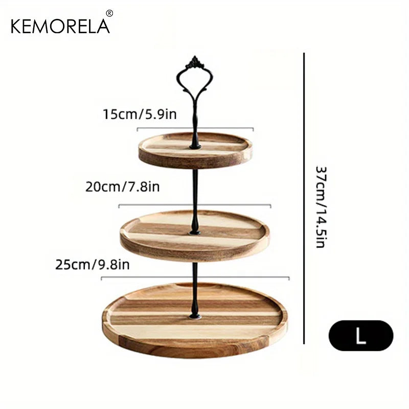 Three-tiered wooden serving stand with a black metal handle. Tiers measure 15cm, 20cm, and 25cm. The stand is 37cm tall, labeled as size "L."