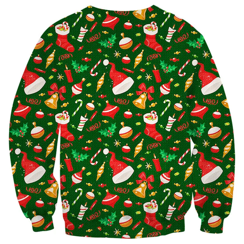 Festive sweater with vibrant Christmas-themed patterns featuring Santa hats, stockings, candy canes, bells, and holly leaves on a green background.