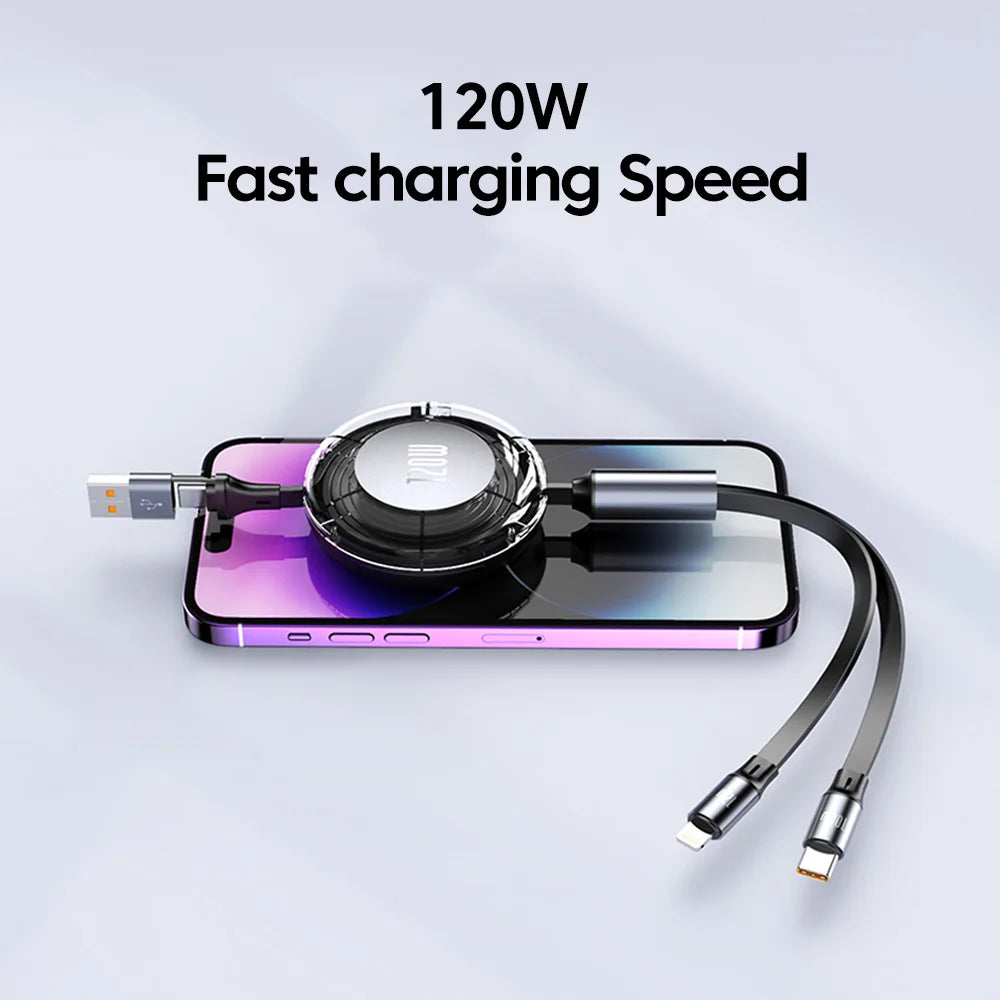 A retractable 120W fast charging cable lies atop a smartphone. The USB connector is on one end, with two different connectors on the other, emphasizing rapid power delivery.