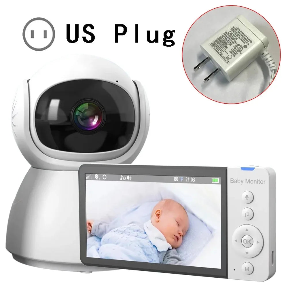 Smart baby monitor with a camera showing a sleeping baby on its screen. Includes a U.S. plug adapter.