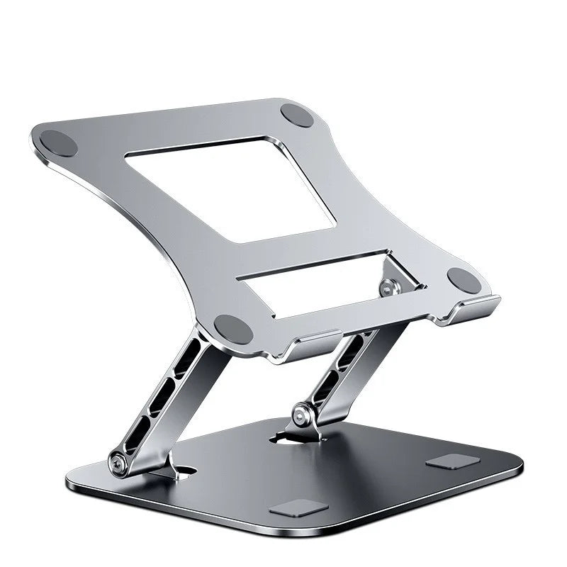 Adjustable silver laptop stand with an open frame design, featuring a sturdy base and small rubber pads for stability. Ideal for elevating and cooling laptops.