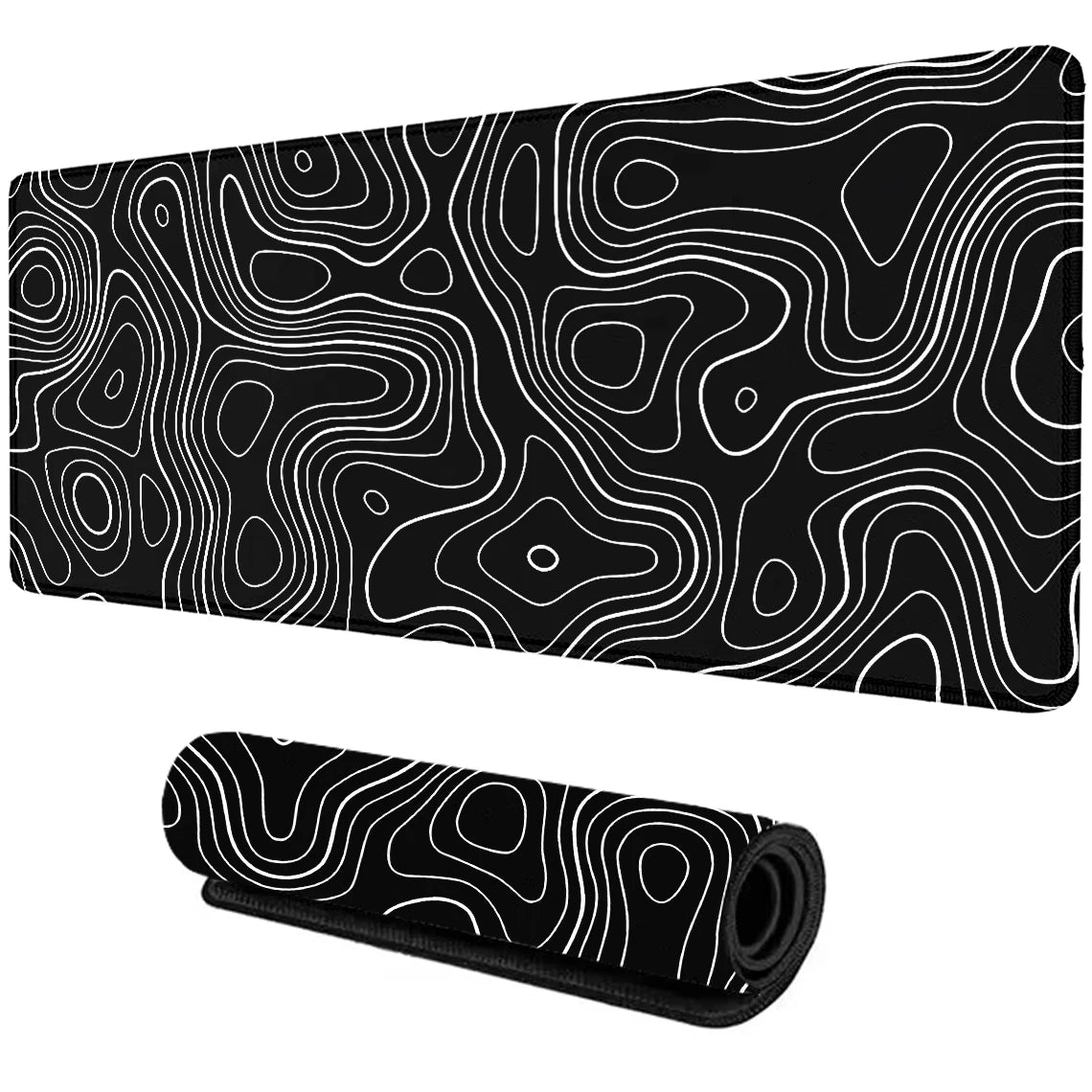 Black mouse pad with white abstract contour lines pattern, shown flat and rolled.