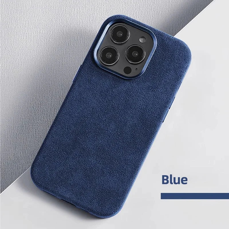 Blue smartphone case with a soft texture, featuring three camera lenses and a flash, lying on a textured surface. The word "Blue" is displayed in the lower right corner.