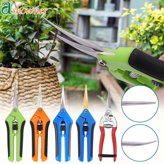 Colorful pruning shears in five designs displayed against a garden backdrop. A hand uses a green-handled shear to trim a plant, highlighting sharp blades in detail.