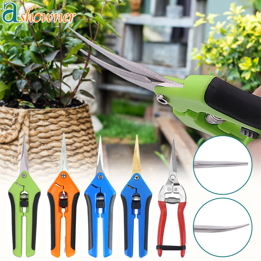 Colorful pruning shears in green, orange, and blue, with sharp blades for precise trimming. A close-up inset shows detailed blade edges, with plants in the background.