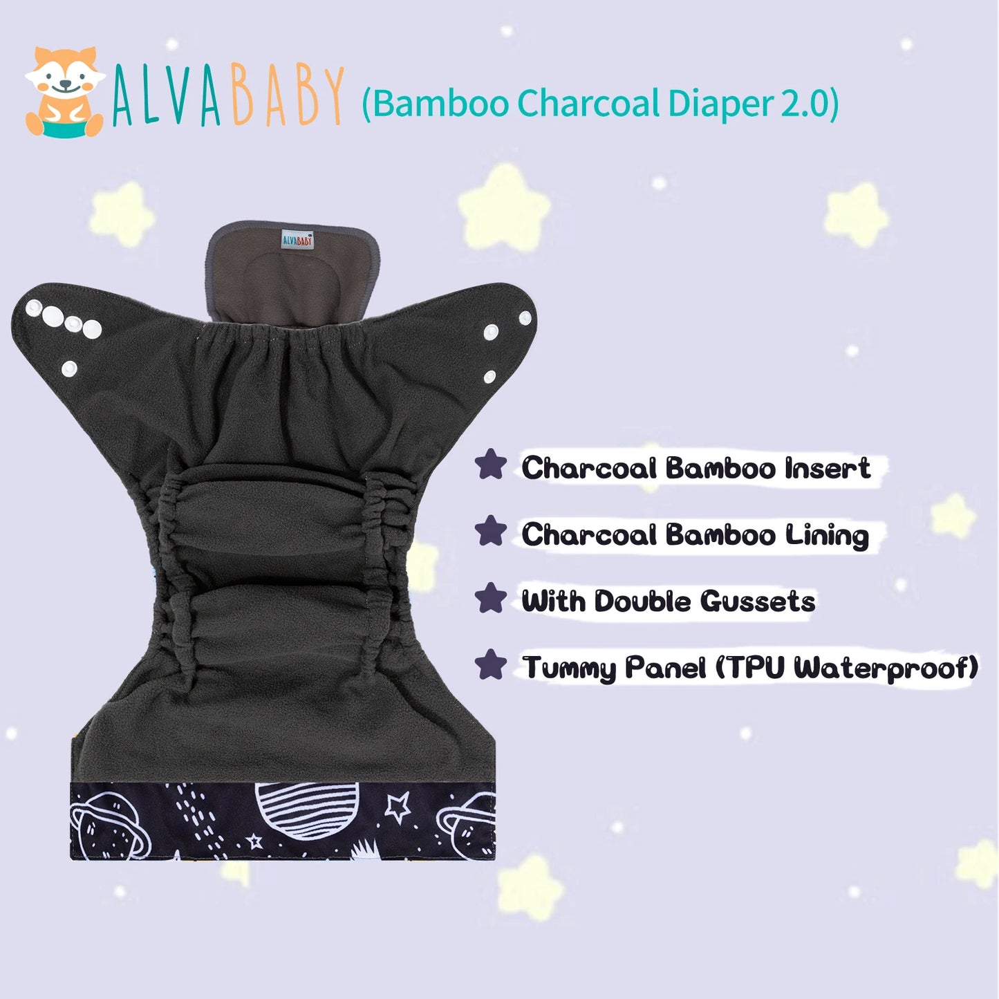 Dark gray AlvaBaby Bamboo Charcoal Diaper 2.0 with charcoal bamboo insert and lining, double gussets, and a TPU waterproof tummy panel. Background features stars and planets.