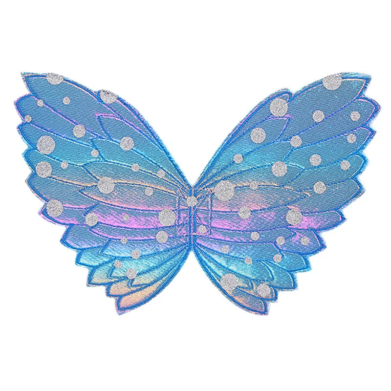 Shimmering blue and purple butterfly wings with silver polka dots, featuring a detailed pattern and vibrant colors, resembling a magical, fantasy-inspired design.