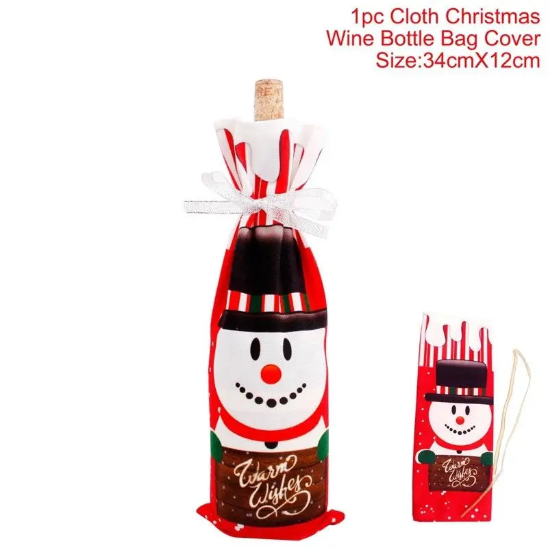 Christmas-themed wine bottle cover with a snowman design, "Warm Wishes" text, and a festive red and white color scheme. Comes with a silver bow. Size: 34cm x 12cm.