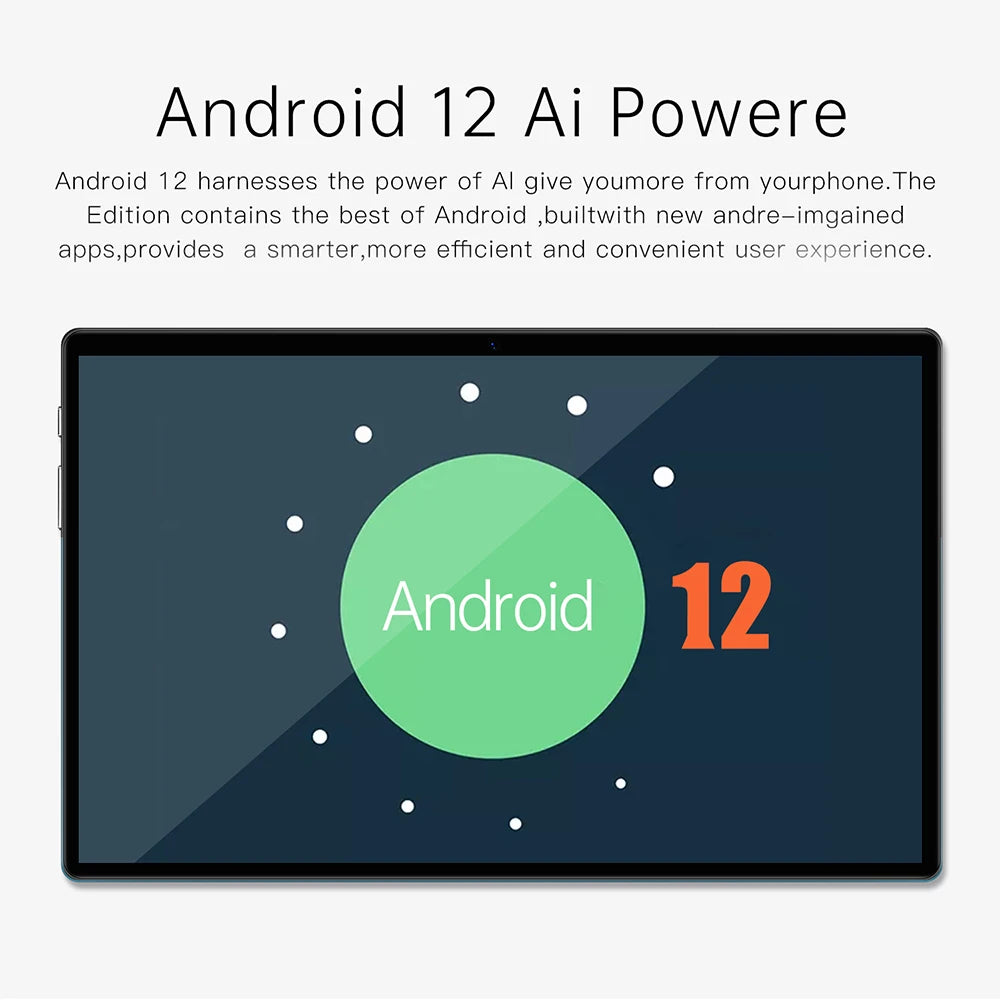 Tablet screen displaying Android 12 logo with text about AI power and efficiency. The message highlights enhanced user experience through innovative applications.