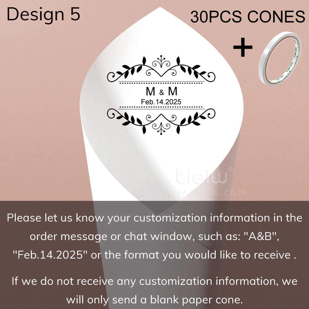 White paper cone with ornate black design for customization, labeled "M & M Feb.14.2025." Text instructs on sending customization or receiving a blank cone. Includes adhesive tape.