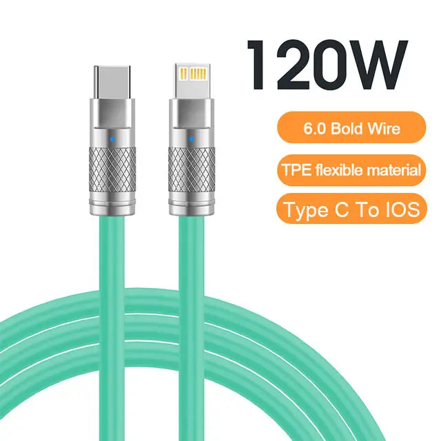 Turquoise 120W charging cable with Type-C to iOS connectors. Features 6.0 bold wire, flexible TPE material. Silver metal tips with textured grips and embedded blue indicator.