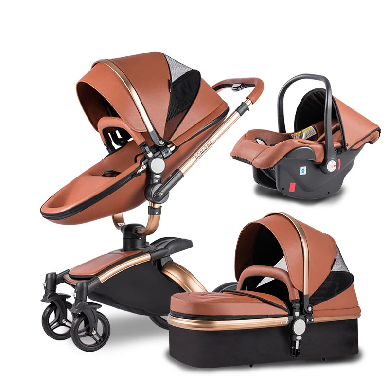 Three-in-one caramel brown baby travel system with stroller, car seat, and bassinet. Features gold accents, black frame, mesh ventilation, and adjustable canopy.