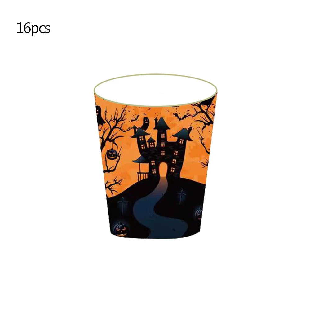 Halloween-themed cup featuring a haunted house, bare trees, and pumpkins on an orange background. The set contains 16 pieces.
