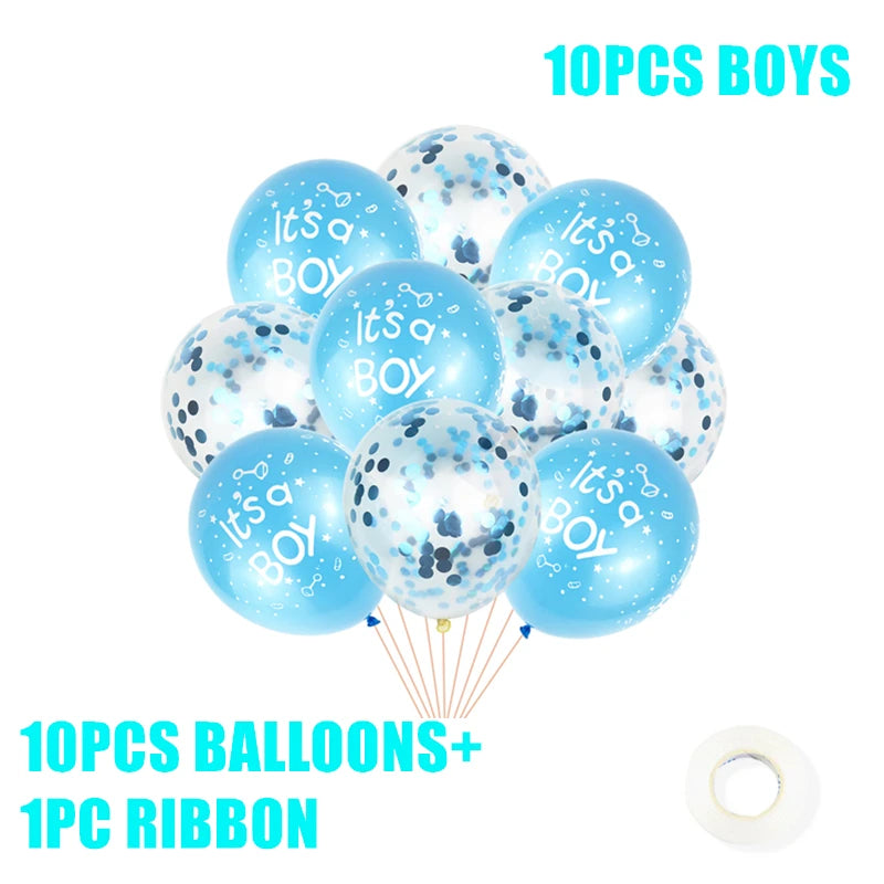 Bouquet of 10 blue and confetti balloons with "It's a Boy" text, featuring a roll of ribbon for decoration. Perfect for a baby shower celebration.