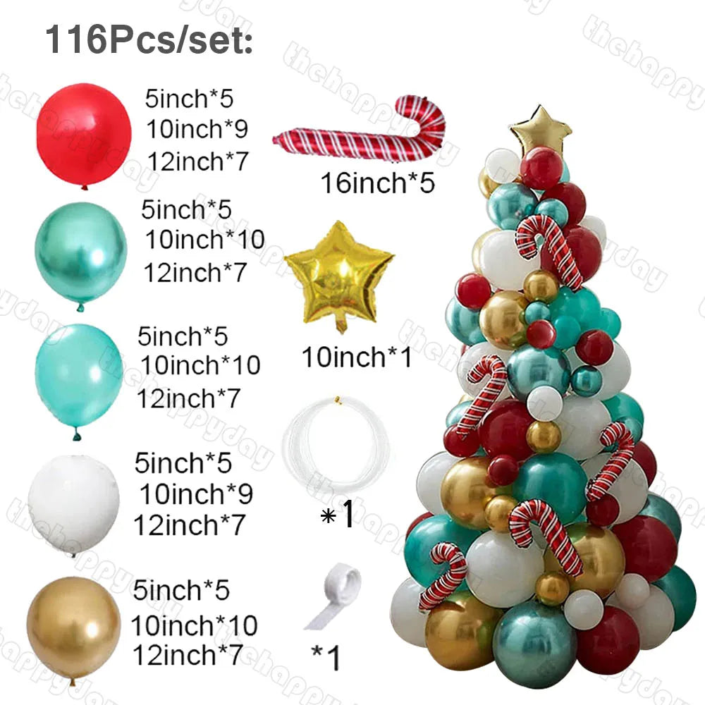 Balloon Christmas tree kit with 116 pieces: red, teal, and gold balloons in various sizes, candy cane balloons, a gold star balloon, string, and tape for assembly.