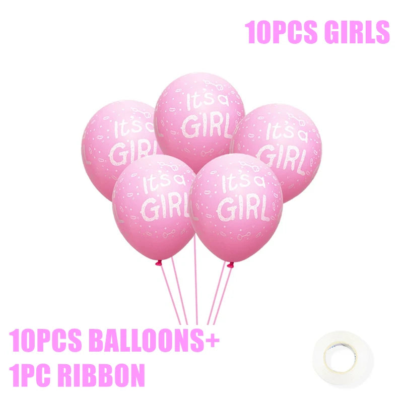 Pink balloons with "It's a Girl" text are bundled together. The image text mentions 10 balloons and a ribbon. There's also a roll of tape displayed.