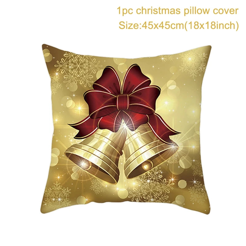 Christmas pillow cover with golden bells and a red bow design on a gold background adorned with snowflakes and bokeh lights. Size: 45x45cm (18x18 inches).