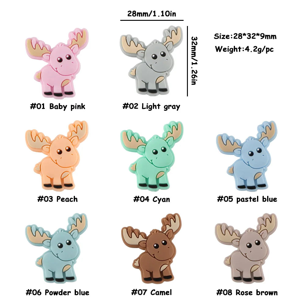 Eight colorful cartoon moose figures in different shades: baby pink, light gray, peach, cyan, pastel blue, powder blue, camel, and rose brown. Dimensions: 28x32x9mm, 4.2g each.