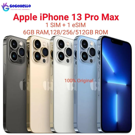 Lineup of five iPhone 13 Pro Max models in various colors, highlighting features like 6GB RAM and storage options. Text indicates dual SIM, eSIM support, and "100% Original."