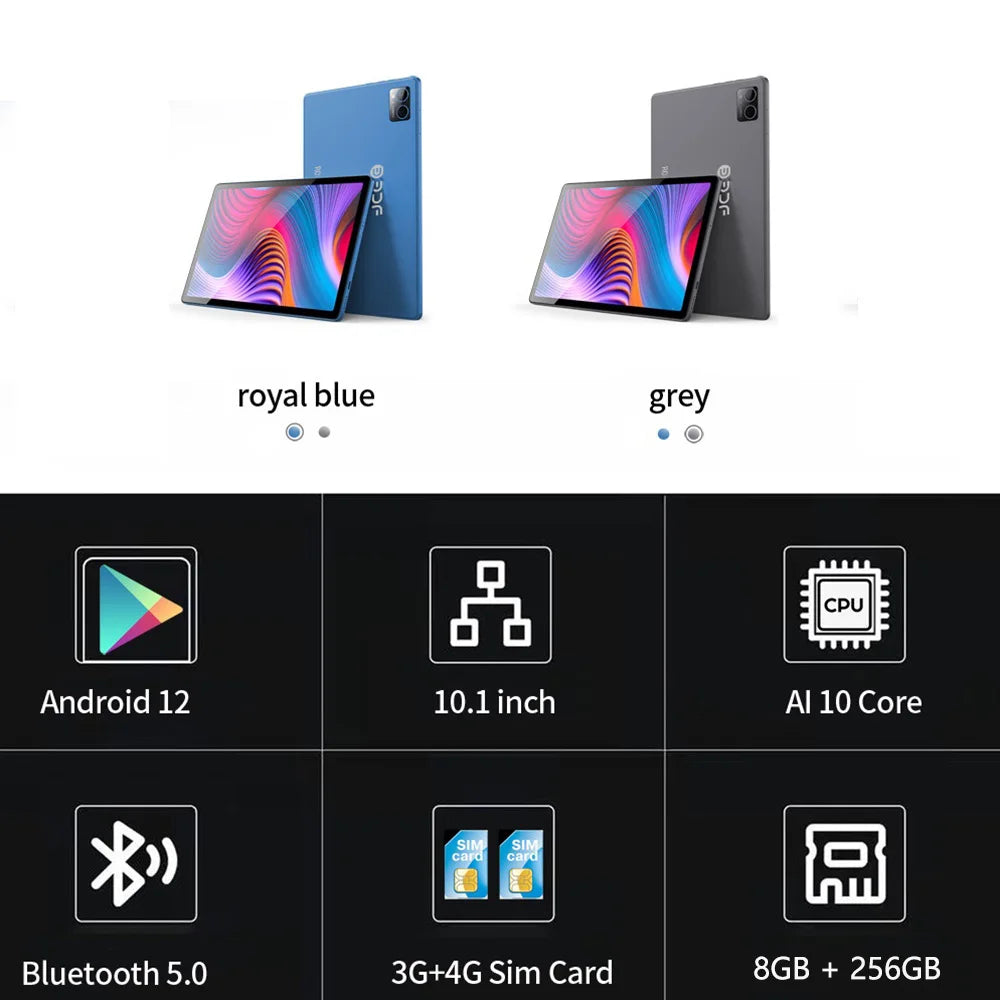 Tablets in royal blue and grey with 10.1-inch screen, Android 12, AI 10 core CPU, Bluetooth 5.0, 3G+4G SIM support, and 8GB RAM with 256GB storage.