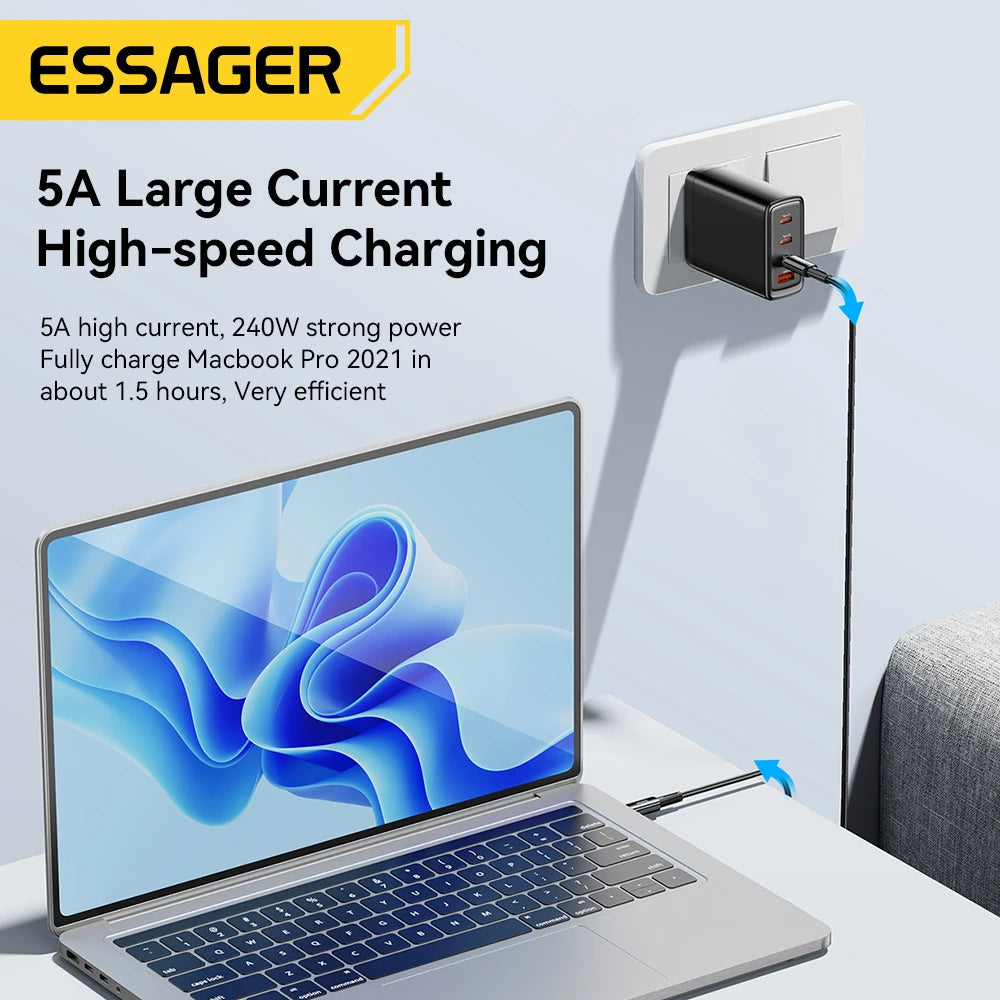 A laptop charges using a black adapter plugged into a wall socket. The text highlights "5A Large Current High-speed Charging," capable of charging a MacBook Pro 2021 in 1.5 hours with 240W power.