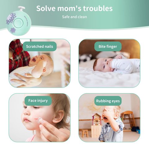 "Image showing a baby care device with text 'Solve mom's troubles.' Four photos depict issues like scratched nails, biting fingers, face injuries, and rubbing eyes. Safe and clean solution."