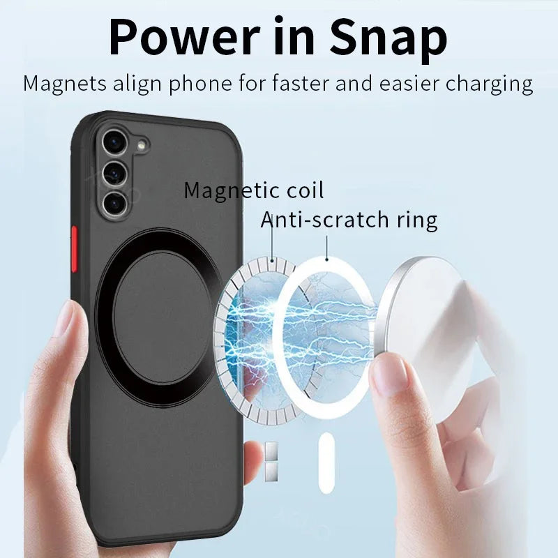 Person holding a phone with a magnetic case and charger. Text reads, "Power in Snap," highlighting magnetic coil and anti-scratch ring for faster charging.