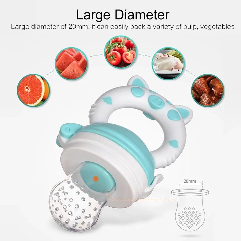 Baby food feeder with a large 20mm diameter, featuring a cat-ear design. Suitable for fruit, vegetables, and meat, shown with images of watermelon, tomatoes, and more.