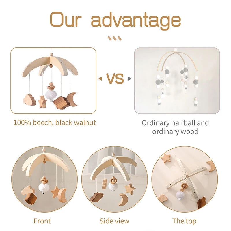 Comparison of a mobile made with 100% beech and black walnut versus an ordinary wood model. Includes front, side, and top views of the premium mobile with star, cloud, and moon shapes.