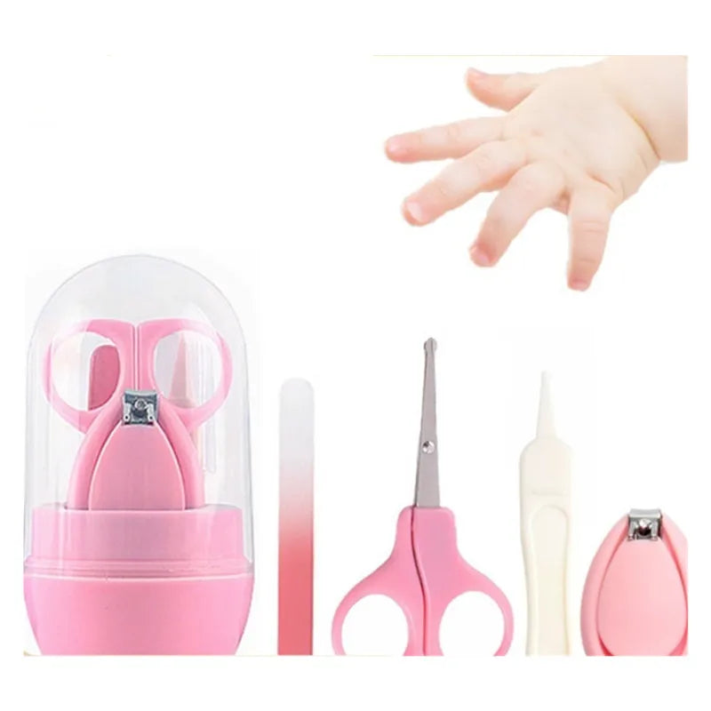 Pink baby grooming set with nail scissors, clippers, file, and tweezers, shown alongside a baby hand reaching out.