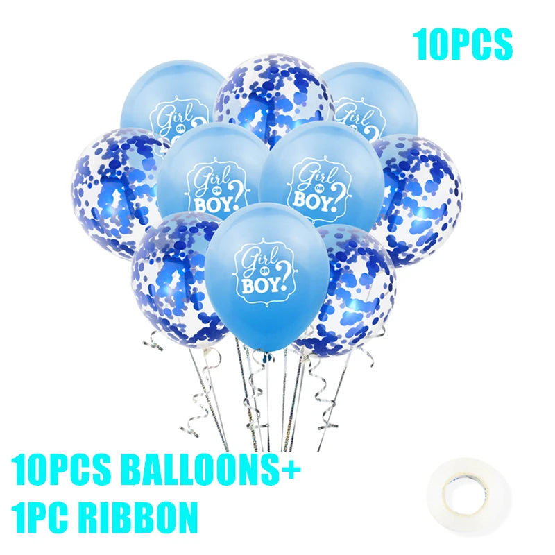 Blue and confetti balloons with "Girl or Boy?" text, bundled for a gender reveal, with silver ribbons. Includes 10 balloons and a roll of white ribbon.