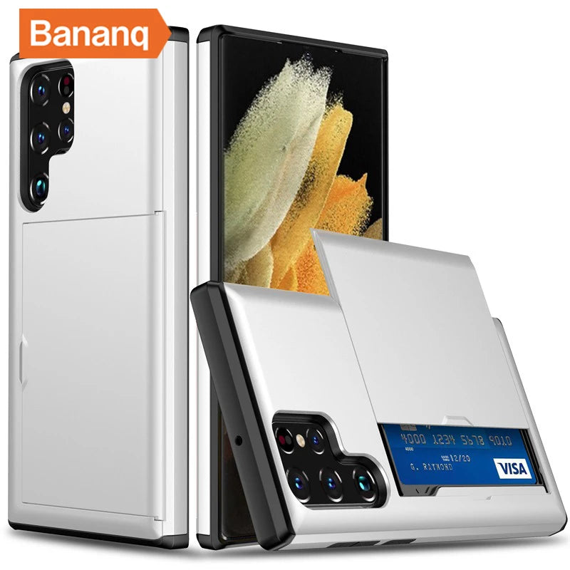 Silver phone case with a sliding card holder reveals a blue VISA card. It accommodates a multi-lens camera. The background shows a decorative screen. Brand name "Banang" is displayed.