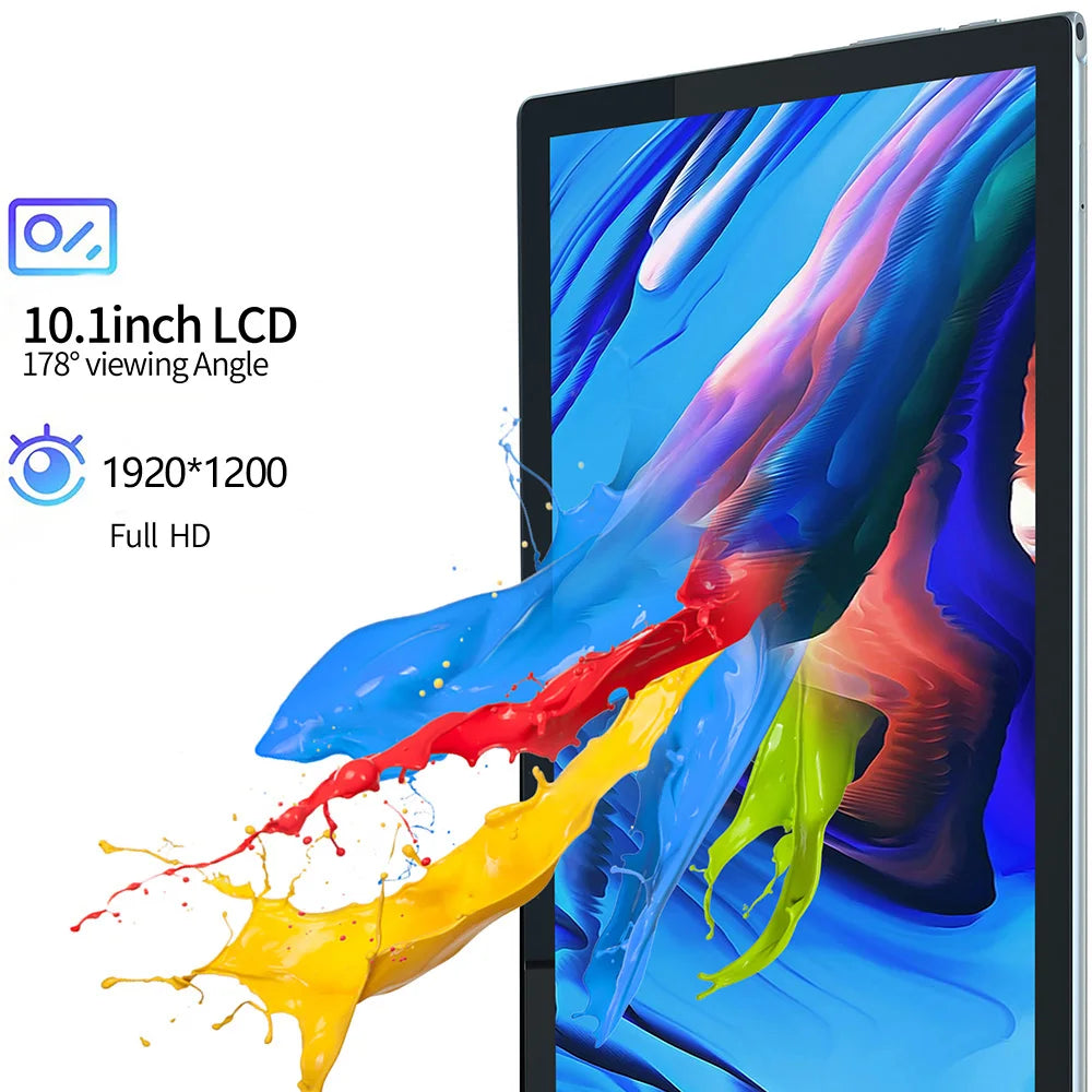10.1-inch LCD tablet with a 178° viewing angle. Display resolution is 1920x1200 Full HD. Colorful paint splashes emerge from the screen, highlighting vivid display quality.