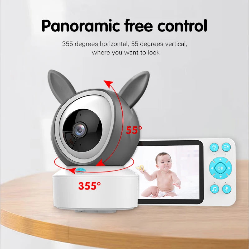 A playful camera with ears on a stand, featuring 355° horizontal and 55° vertical rotation, is shown, with a baby monitor display beside it.