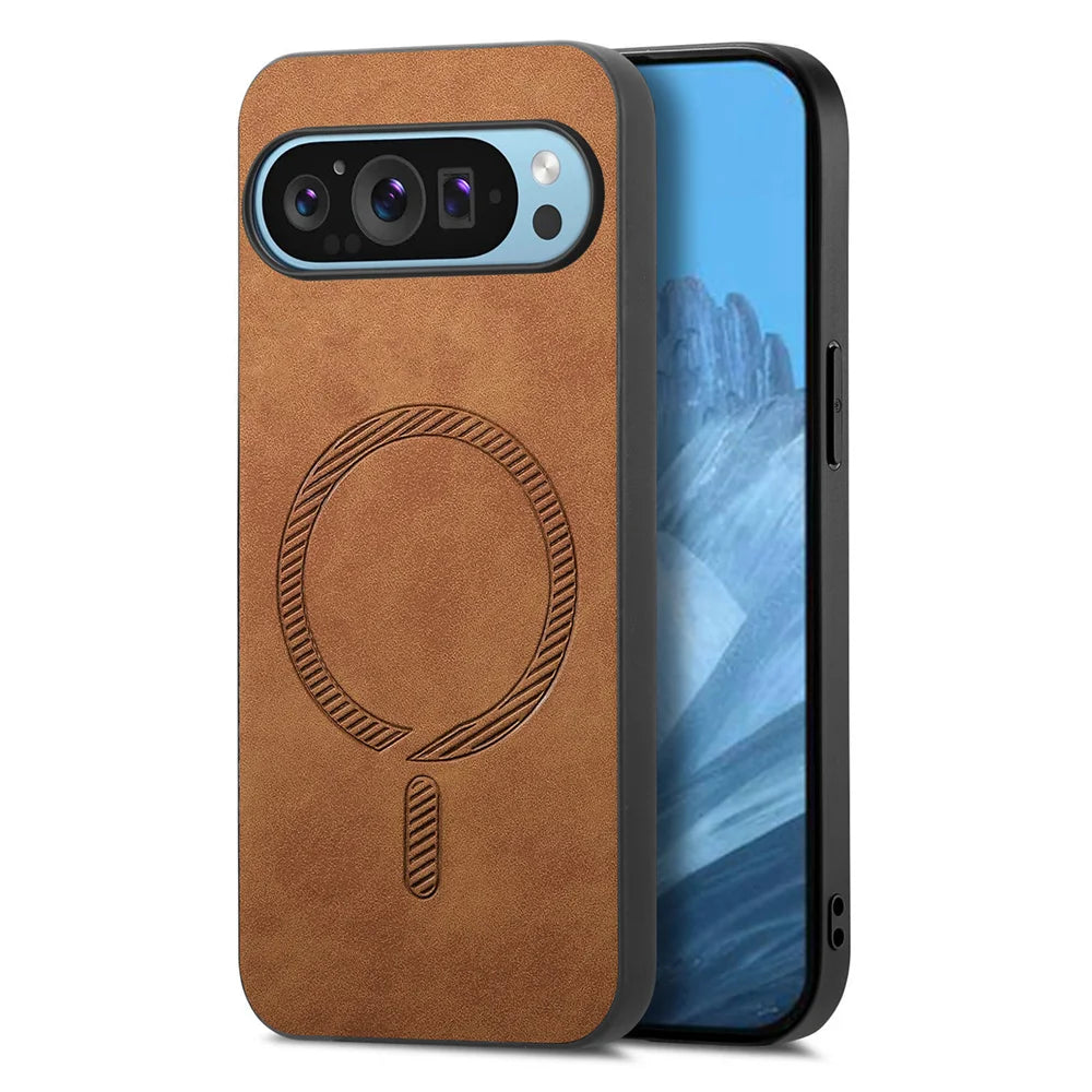 Luxury smartphone case in brown leather with a circular embossed pattern. Features a dual-camera cutout and buttons on the side, showcasing a sleek, modern design.