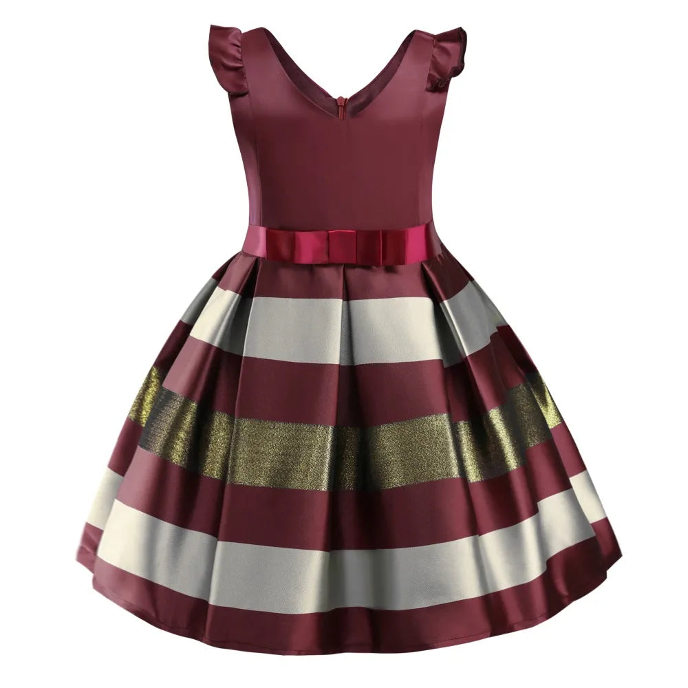 Elegant girl's dress with flutter sleeves and V-neck, featuring horizontal maroon, gold, and cream stripes, a satin finish, and a red waist bow.