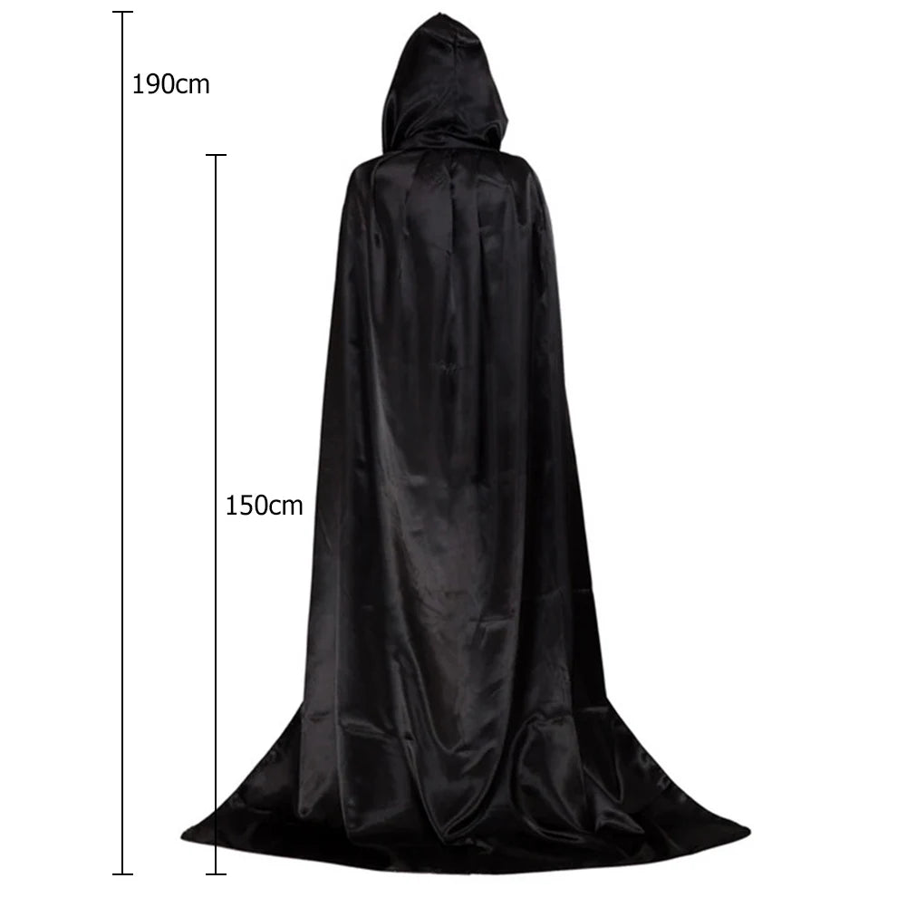 Black satin hooded cloak shown from behind. The cloak measures 190cm in total length and 150cm from hood to bottom.