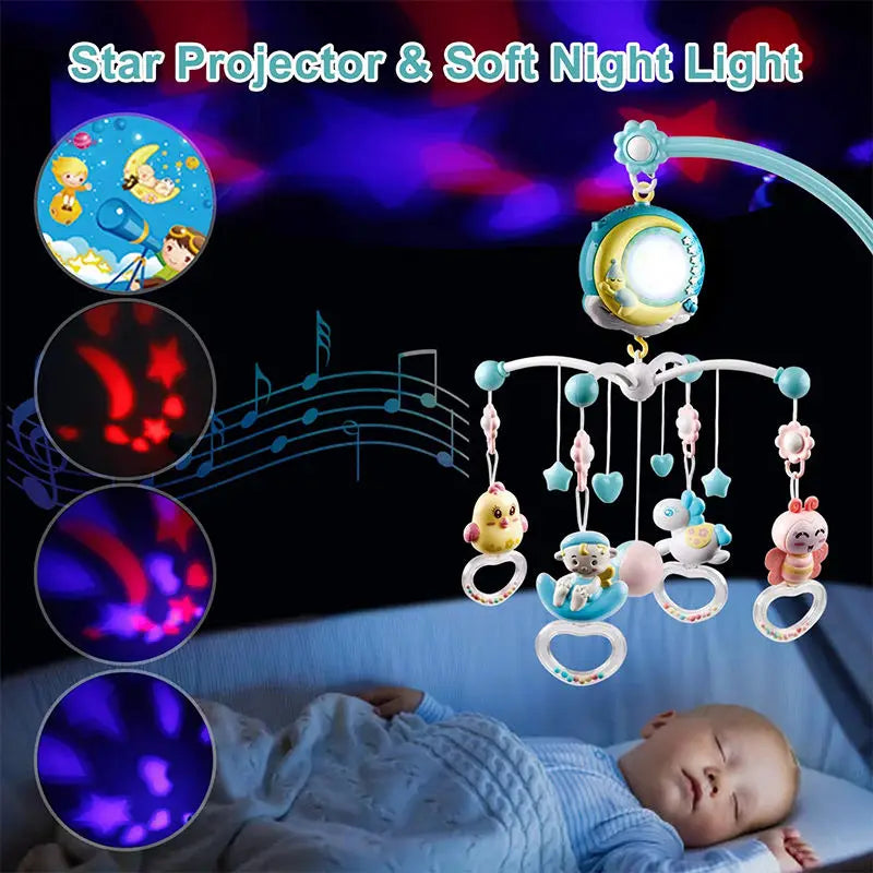 A sleeping baby under a crib mobile with hanging toys and a star projector. The background features colorful star and moon projections with musical notes. Text: "Star Projector & Soft Night Light."