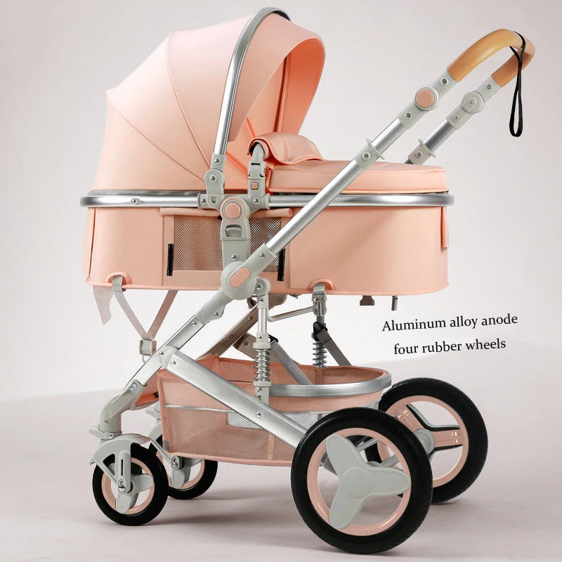 A peach-colored baby stroller with an adjustable hood, aluminum alloy frame, and four rubber wheels. Features a reclining seat and underbasket storage.