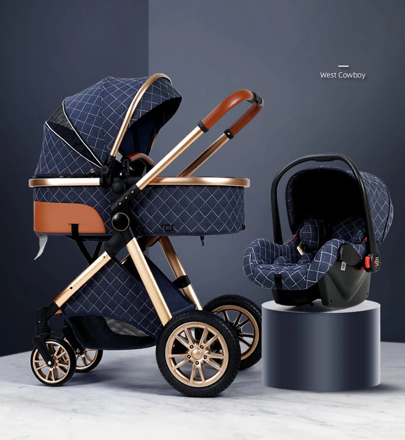 Navy and gold stroller with a quilted pattern, featuring brown accents and matching infant car seat on a pedestal against a dark backdrop.