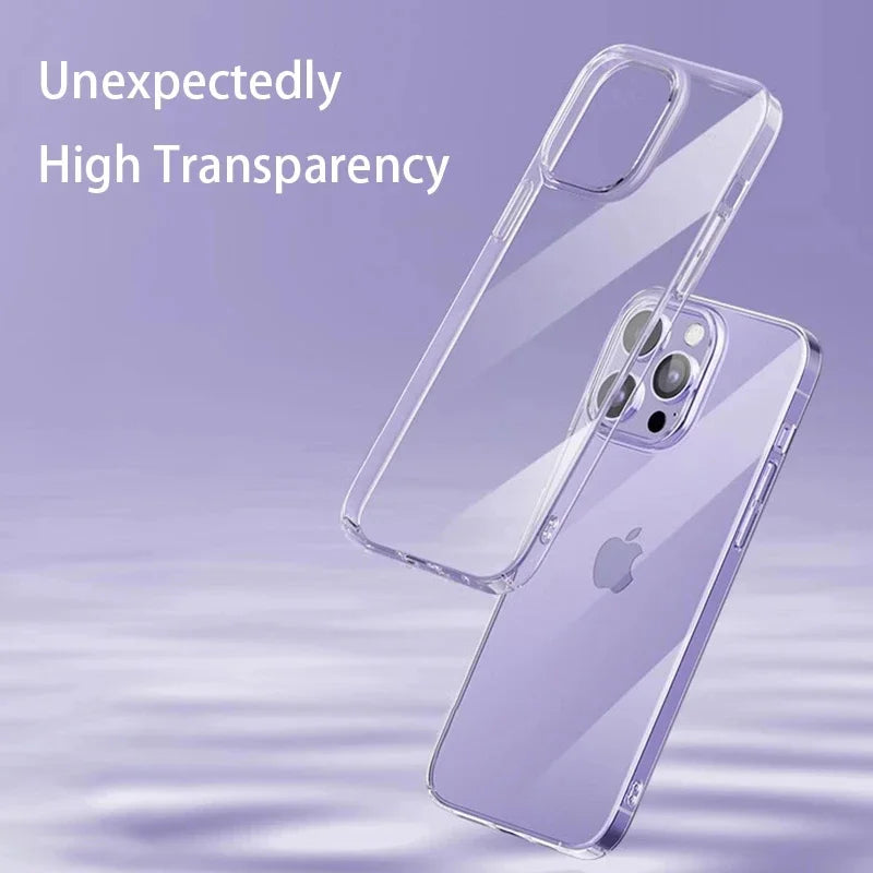 Transparent phone case showing high clarity, featuring a floating smartphone with a reflective surface against a soft purple background. Text reads "Unexpectedly High Transparency."