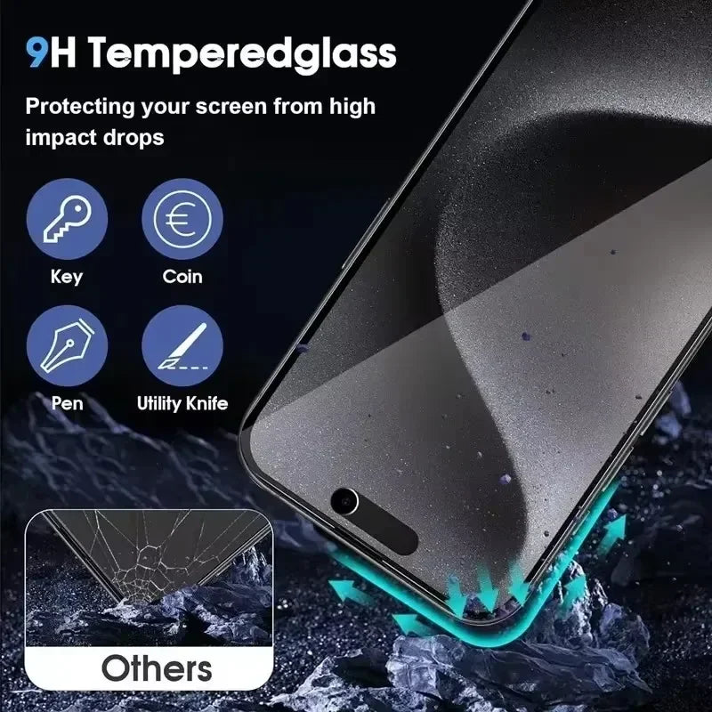 Close-up of a phone screen with 9H tempered glass, resisting scratches from keys, coins, pens, and utility knives. Inset shows cracked screen labeled "Others." Text: "Protecting your screen."